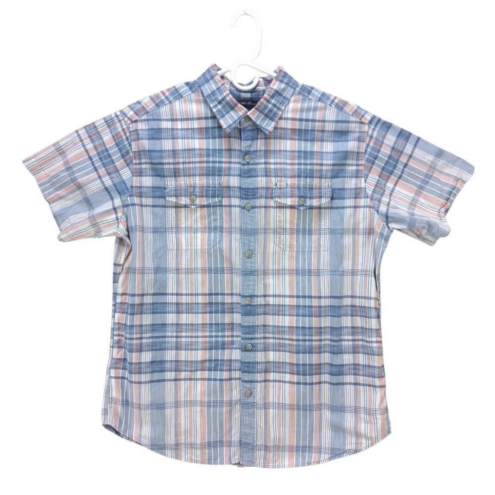 Eddie Bauer Mens Large Classic Fit Plaid Short Sleeve Button Up Shirt Blue Pink